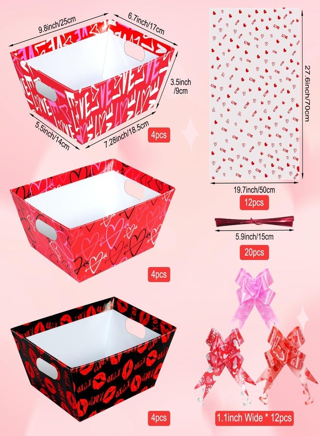Hallswl 12 Set Valentines Day Empty Gifts Baskets Bulk with Cellophane Basket Bags and Bows Ribbons,Love Heart Market Tray Cardboard Gift Basket Empty to Fill for Valentine's Day Birthday Wedding Decor - Image 2